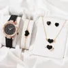 Relógios de pulso 5 pçs Relógio de luxo feminino Anel Colar Brincos Conjunto de pulseiras Relógios de diamante Estrela Pulseira de couro Senhora Quartzo Relógio de pulso sem caixa