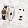 Wristwatches 5pcs Luxury Watch Women Ring Necklace Earrings Bracelet Set Diamond Watches Star Leather Strap Ladies Quartz WristWatch No Box