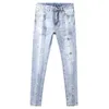 Herr jeans street mode män retro ljus blå elastisk smal fit vintage rippad målad designer hip hop jenim byxor hombre