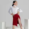 Sahne Giyim Latin Dans Yarışması Elbise Tango Dancer Kıyafet Uzun Kollu Üstler Etek Kırmızı Chacha Dans Kostüm Takım YS3246