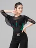 Scenkläder 2023 Latin Dance Blue Rumba Dancing Top Female Ballroom Shirt Modern Waltz Fringe Suit Ruffle