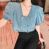 HStar Koreanische Damen-Blusen, kurzärmelig, Vintage, quadratisch, zweireihig, Knopf-Jeansbluse, Damen-Crop-Top-Shirt, sexy, schlankes Blusas-T-Shirt 230729