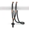 Pendant Necklaces Natural Stone 8mm Obsidien And Wood Round Beads Men's Necklace With Cross Handmade Jewelry