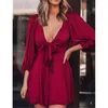 Casual Dresses Ladies Solid Color Deep V Tie 7 Point Sleeve Straight Dress Summer For Women Shirt With Belt Ruffle