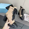 Botlar 2023 Tasarımcı Paris fırçalanmış deri ve naylon bağcıklı kumaş botlar monolit mini çanta pabuçlu çanta sole savaş kadın ayak bileği avustralya platform topuklar