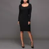 Casual Dresses Women Square Collar Long Sleeve Dress Open Back Sexy Skinny Knitted Autumn Office Lady All-Match Simple