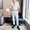 Men's Suits 2023 Summer Fashion Half Sleeve Suit Men Side Buckle Design Casual Simple Solid Color Loose Homme (Jacket Pants Belt)