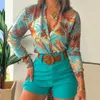 Fatos de Treino Feminino Moda Feminina Terno Conjunto de 2 Peças Roupas Escritório Senhoras Roupas de Verão Com Cinto Manga Longa Blusa Estampada Floral Curta