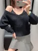 Kadın Sweaters Sonbahar Kış Dantel Camis Dikiş Süvari Moda Bayanlar Siyah V-Yok Uzun kollu örgü Pulloveake İki Parçası