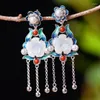 Dangle Boucles D'oreilles Naturel Blanc Jade Fleur De Prunier Fleur Cloisonné Émail Gland Chaîne Goutte 925 Bijoux En Argent Sterling Femmes Cadeau