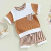 Kleding Sets Kinderen Baby Baby Jongens Zomer Outfits Korte Mouw T-shirt Met Borstzak En Casual Elastische Gestreepte Shorts Set 6M-5T