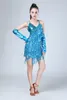 Stage Wear Women Shiny Sequins Tassels Halter Backless Asymmetrical Latin Dance Dress Salsa Rumba Samba Tango Costumes