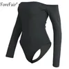 Womens Jumpsuits Rompers Forefair Women Sexy Off Shoulder Black Bodysuit White Long Sleeve Backless Body Top Lady Autumn Winter Casual Solid Bodysuits 230729