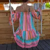 Casual Dresses Flared Long Sleeve Dress Off Shoulder Loose Bohemia Style Retro Printing With Ruffle