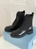2024 Winter Perfect Brands Brushed-leather Ankle Boots Black Re-Nylon Recycled Enameled Metal Triangle Booties Monobloc sole Combat Booty