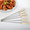 Servies Sets Rvs BBQ Spiesjes Gebraden Prod Houten Handvat Platte Spies Lange Grill Sticks Outdoor Gereedschap Kabob 6 stks/set