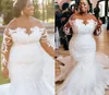 Afrikanische Plus Size Meerjungfrau Brautkleider 2024 Brautkleider Illusion Lange Ärmel Juwel Knopf Zurück Spitze Applizierte Robe De Mariee