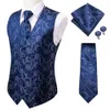 سترات الرجال Hi-Tie 20 Color Silk Sets Tie Tie Business Dress Dress Slim Sliveless Jacket 4pc Hanky ​​Cufflink Blue Paisley Suit 230729