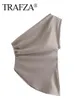 Women's Tanks Camis TRAFZA 2023 Fashion Summer Sexy Sleeveless Asymmetric Pleated Vest Causal Elegant Tops Single Shoulder Vintage Slim 230728