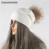 Gorro Skull Caps Outono Inverno Quente Gorro De Malha Feminino De Lã Skullies Gorro Casual Feminino Caxemira Gorro De Pele De Guaxinim Real Pompom 230729