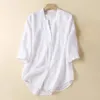 Kvinnors blusar Vintage Cotton Linen Shirts For Women Autumn Fashion -knapp Up White Casual Solid Color 3/4 Sleeve Tops and Blusa