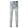 Jeans da uomo Fashion Style Blu chiaro Slim Fit Distressed Streetwear Bandana Patchwork Skinny Stretch Holes High Street Strappato
