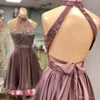 Платья для вечеринок высокая шея открытая спина розовое золото юбка ручной вышивки из бусинки для выпускного платья для выпускного платья.