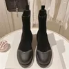 Nouvelle semelle épaisse moto bottes femmes bout rond sans lacet chaussures plates femme vache daim Patchwork chaîne perle bottes courtes femme