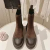 Nouvelle semelle épaisse moto bottes femmes bout rond sans lacet chaussures plates femme vache daim Patchwork chaîne perle bottes courtes femme