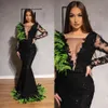 2019 Black Long Sleeves Dresses Prom Dresses Sexy See Through theer Deep V Deck Mermaid Dresses Feather Lace Pageants Vronts259f