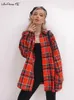 Women's Blouses Shirts Mnealways18 Bright Gingham Oversized Shirts For Women Street Style Casual Shacket Blouses And Tops Single-Breasted Autumn 230728