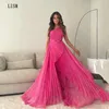 Vestidos de Festa OEING Linha A Um Ombro Pregas Rosa Até o Chão Organza Formal Noite Sem Mangas Vestidos de Baile de Celebridades