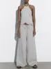 Women's Two Piece Pants Summer Set Halter Neck Tie Asymmetric Hem Linen Top Elastic Drawstring Mid-rise Wide Leg