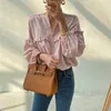 Women's Blouses DUOFAN Pink Shirt Women Eleegant Ruffle Long Sleeve Korean Aesthetic Fashion Blusas Summer Loose Casual Tops Y2K Clothes
