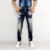 Мужские джинсы итальянский стиль мода Men Men Retro Blue Elastic Slim Fit Ruped Brand Designer Vintage Casual Denim Pants Hombre
