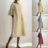 Casual Dresses Cotton Linen Dress Women o-hals Half Sleeve Sundress Summer Woman Stylish Elegant Work Vintage Loose Midi