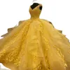 Charro Amarelo Quinceanera Vestidos Decote em V Rendas Applique Sweet 15 Vestidos Babados Tier Vestido de Baile Vestido de Festa de Aniversário Júnior188S