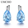 Ear Cuff UMCHO Luxury Nano Gemstone Blue Topaz Clip Earrings For Women 925 Sterling Silver Clip On Earrings Water Drop Fine Jewelry Gift 230728