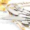 Zestawy zastaw obiadowych Drmfiy Gold 24pcs Zestaw ze stali nierdzewnej Luksusowe sztućce Vintage wysokiej jakości nóż obiadowy łyżka łyżka western flatware