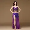 Sahne Giyim Şifon 8 Renkler Göbek Dans Etek Kostüm Kadın Sequins Lady 3pcs Dans Kıyafetleri Sütyen Boncuk Kemer Slit 720 Derece