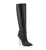 Botas de inverno de marcas de luxo com cadeado dourado salto stiletto mulheres longas botas de joelho douradas com trava e chave para festa wdding botas de inverno EU35-43