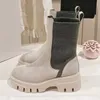 Nouvelle semelle épaisse moto bottes femmes bout rond sans lacet chaussures plates femme vache daim Patchwork chaîne perle bottes courtes femme