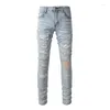 Jeans homme arrivées bleu clair en détresse Streetwear Stretch maigre strass Patch trous détruits rue haute mince