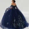 Navy Blue Ball Gown Quinceanera Dresses with Cape Party Applique 3D Flower Tull 16 Princess Gowns Vestido De 15 Anos