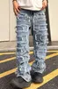 Herren-Jeans, individuelle Patch-Jeans für Männer und Frauen, amerikanische High-Street-Hip-Hop-gebratene Straßenbettlerhose, blau, locker, kleine Menschenmenge, wischend, 230729