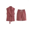 Women's Tracksuits Zach AiIsa Fashion Belt Linen Lapel Sleeveless Tank Top Loose Casual Stretch High Waist Straight Shorts