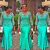 Charming Aso Ebi Green Long Sleeves Evening Gowns Sheer Neck Lace Appliques Beads Mermaid Prom Dresses African Plus Size Party Dre280N