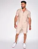 Tute da uomo Uomo Estate Camicia di lino in cotone hawaiano Pantaloncini Tute Moda Colletto a polo Tinta unita Top a maniche corte Coulisse Set a due pezzi