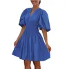 Casual Dresses Womens Puff Short Sleeve Mini Dress Summer A-Line Party Sexig elastisk smockad midja V-ringning