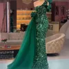 2022 Elegant Arabic Dark Green Formal Evening Dresses Glitter Sequined One Shoulder Mermaid Prom Dress Peplum Floor Length Women S304Y